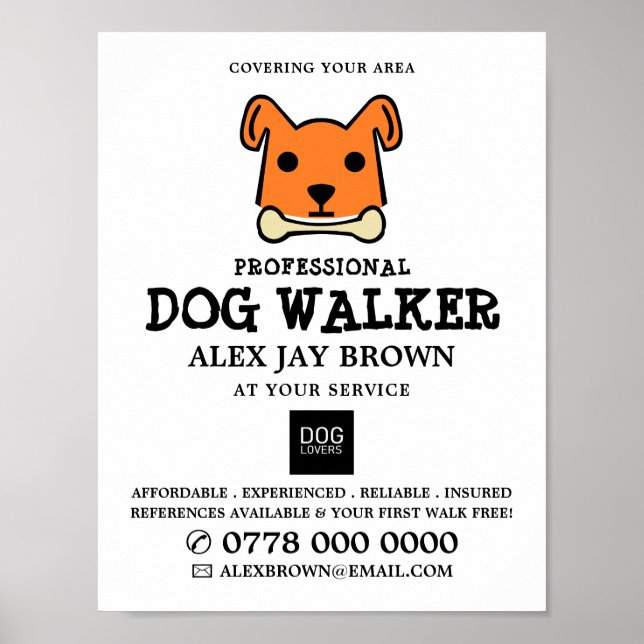 Orange Dog with Bone, Dog Walker Advertising Poster (Front)