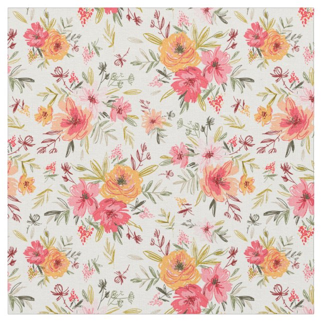 Orange Doodle Garden Flower Pattern Fabric (Close Up)