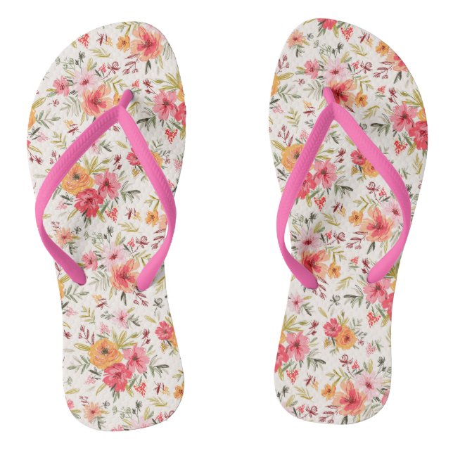 Orange Doodle Garden Flower Pattern Flip Flops (Footbed)