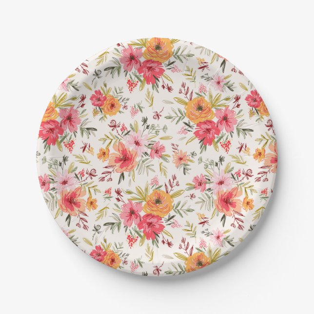 Orange Doodle Garden Flower Pattern Paper Plate (Front)