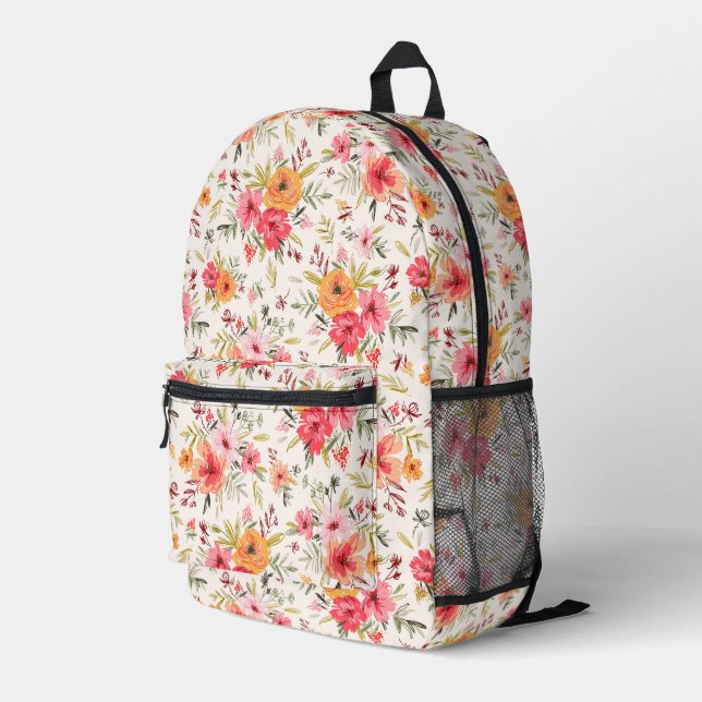 Orange Doodle Garden Flower Pattern Printed Backpack (Back Corner Right)
