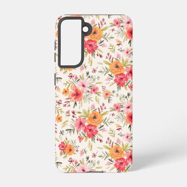 Orange Doodle Garden Flower Pattern Samsung Galaxy S21 Case (Back)