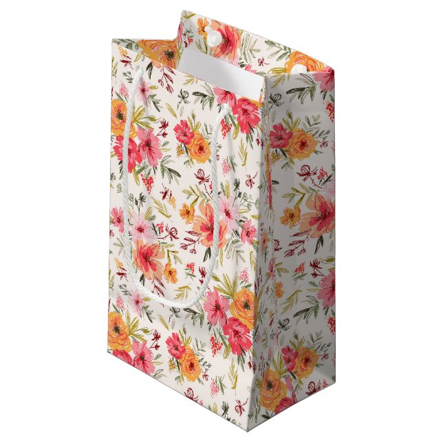 Orange Doodle Garden Flower Pattern Small Gift Bag (Front Angled)