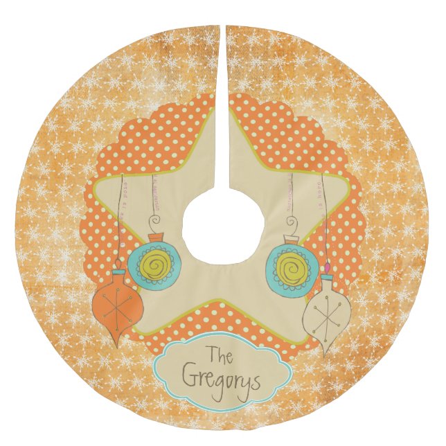 Orange Dots and Snowflakes Personalized Tree Skirt (Front)