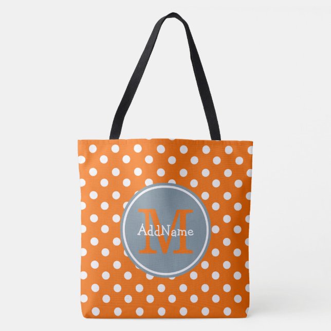 Orange Dots Silver Monogram & Personalized Name Tote Bag (Front)