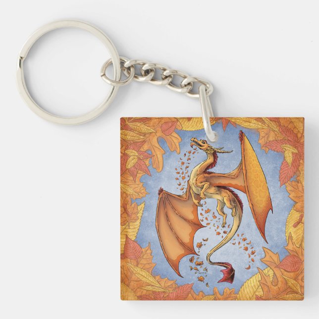 Orange Dragon of Autumn Nature Fantasy Art Keychain (Front)