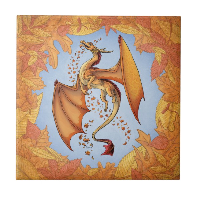 Orange Dragon of Autumn Nature Fantasy Art Tile (Front)