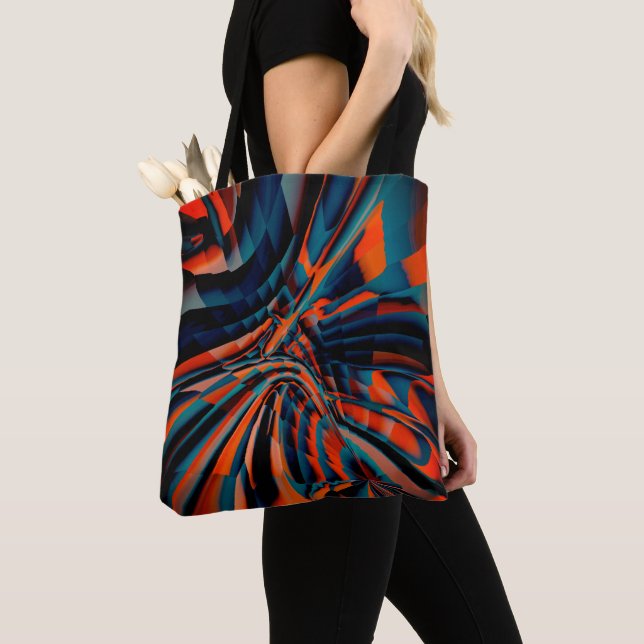 Orange drawing of squares aligned on twisted base  tote bag (Close Up)