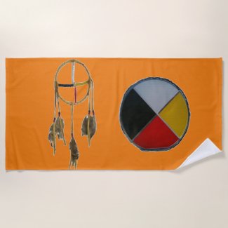 Orange Dream Catcher Medicine Wheel Beach Towel