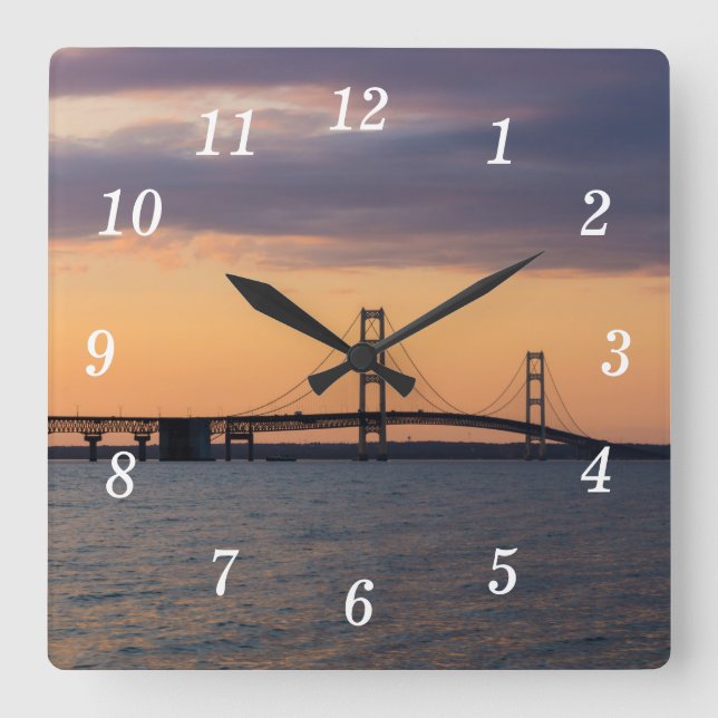 Orange Dusk Mackinac Bridge Wall Clock (Front)
