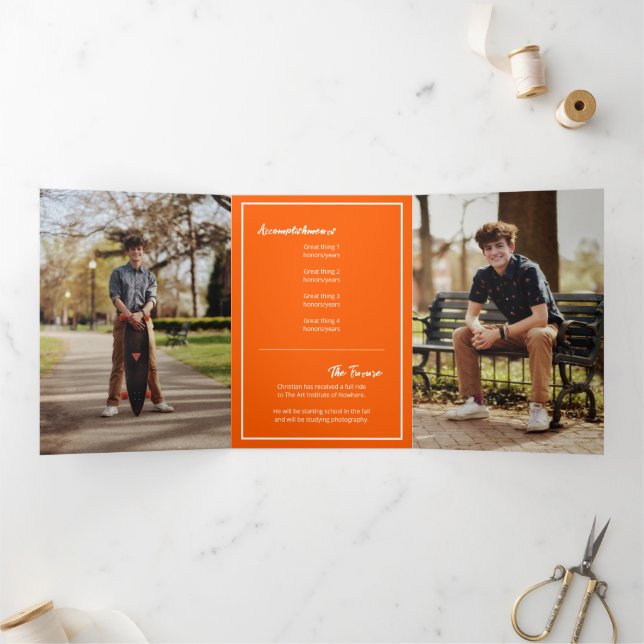 Orange Edgy Abstract Torn Photo Graduation Tri-Fold Invitation (Inside)