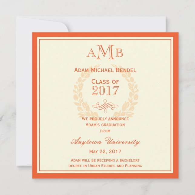 Orange Elegant Monogramme Faire-part de graduation (Devant)