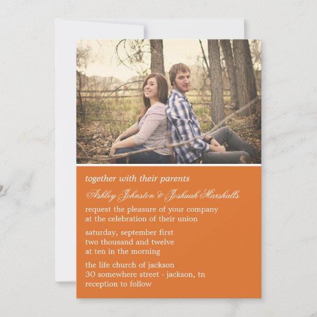Orange Elegant Photo Wedding Invitations (Front)