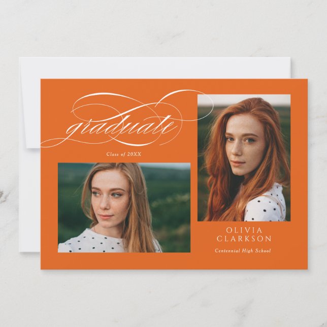 Orange Elegant Script 3 Photo Graduation Party Invitation (Front)
