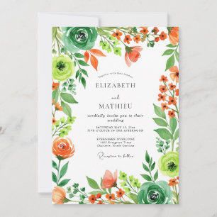 Orange Emerald Green Sparkling Spring Wedding Invitation