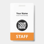 Orange Employee Name Business Logo Staff Tag Badge<br><div class="desc">Easily personalize this Custom Administrative professional Name Badge without photo, with Scan Bar Code and large business logo. A simple business design in orange and white colours fully customizable in front and back sizes, sans-serif basic and modern fonts and a professional and clear look, perfect for small business employee, boss,...</div>