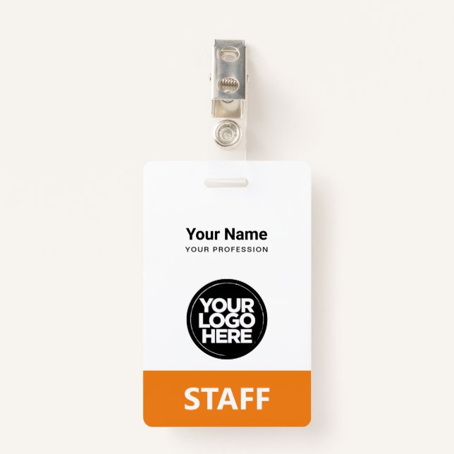 Orange Employee Name Business Logo Staff Tag Badge (Front with Clip)