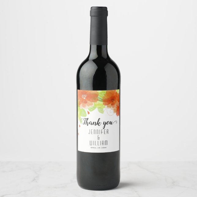 Orange ethereal flowers calligraphy wedding wine label (Front)