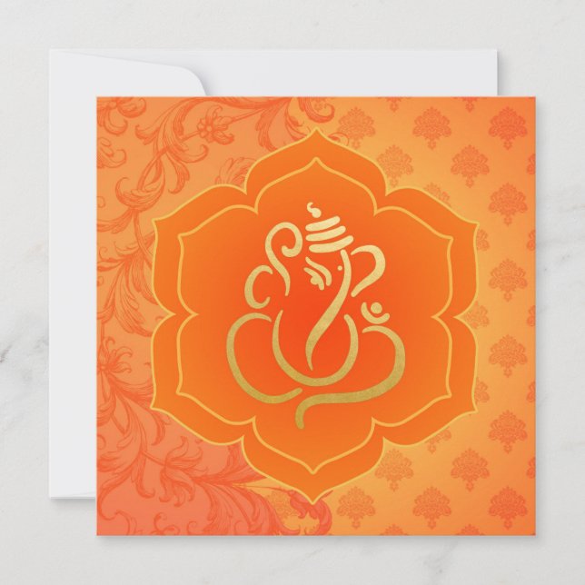 Orange Ethnic Damask Gold Ganesh Indian Wedding Invitation (Front)