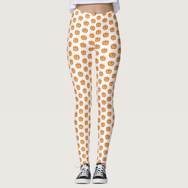 Orange Evil Jack O'Lantern Pattern Halloween Leggings (Front)