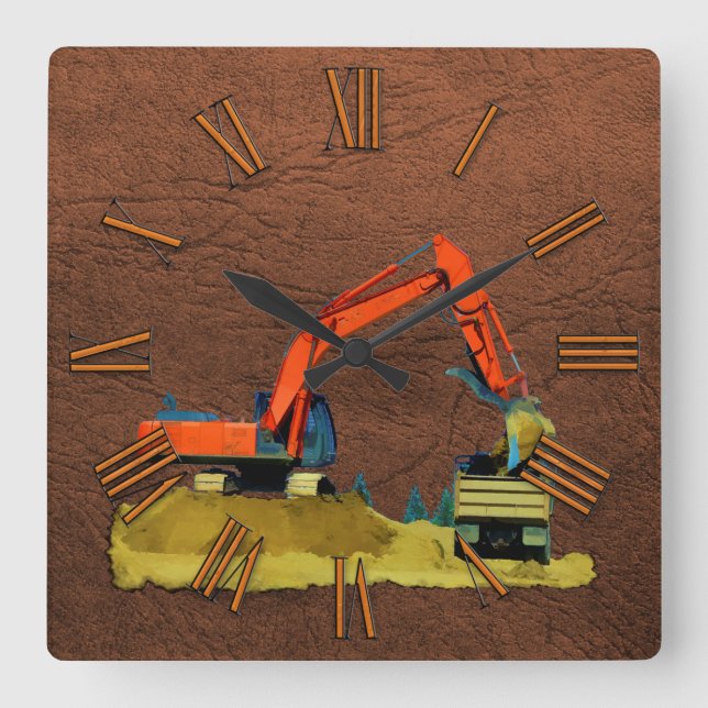 Orange Excavator and Yellow Dump-Truck Wall Clock (Front)