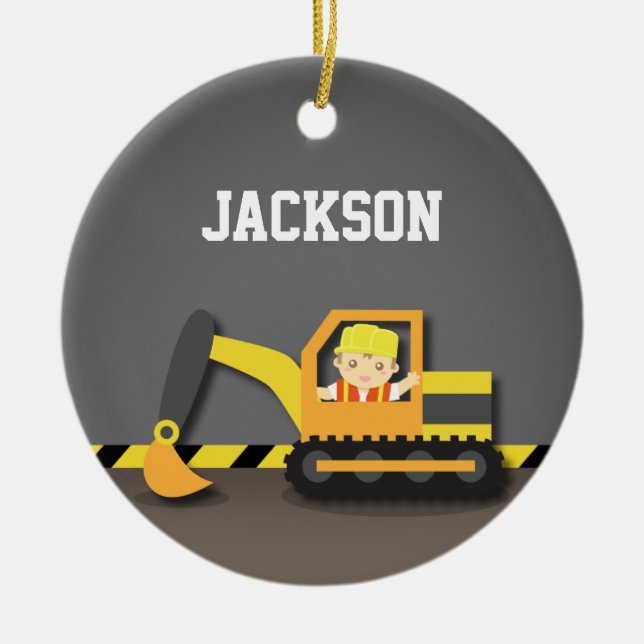 Orange Excavator Construction Boys Room Decor Ceramic Ornament (Front)