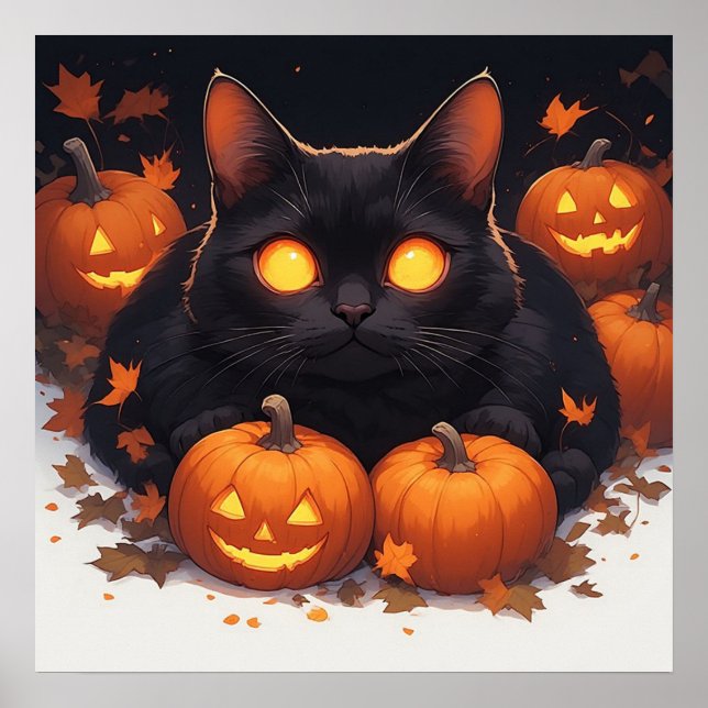 Orange Eyed Black Cat Halloween Pumpkin Theme 🎃 Poster (Front)