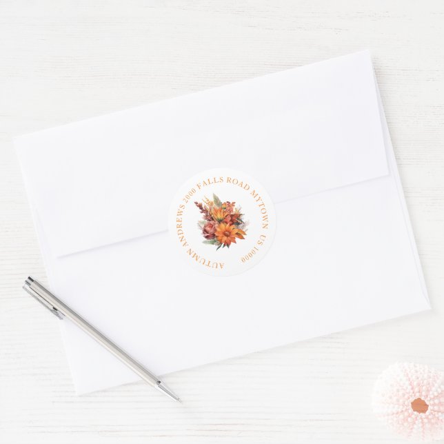 ORANGE FALL FLORAL NAME & ADDRESS CLASSIC ROUND STICKER (Envelope)