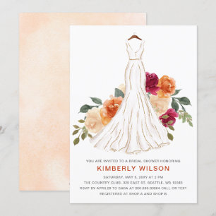 Orange Fall Floral Wedding Dress Bridal Shower Invitation