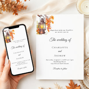 Orange fall florals lantern rustic boho wedding invitation