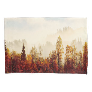 Orange fall forest with morning fog mist pillowcase