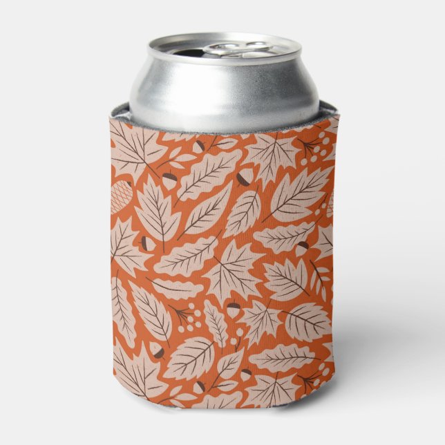 Orange Fall Leaves & Acorns Pattern Can Cooler (Can Front)