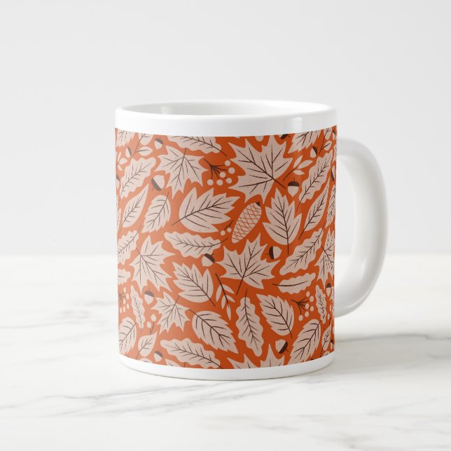 Orange Fall Leaves & Acorns Pattern Large Coffee Mug (Front Right)