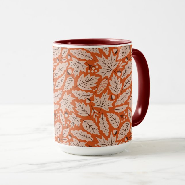 Orange Fall Leaves & Acorns Pattern Mug (Front Right)
