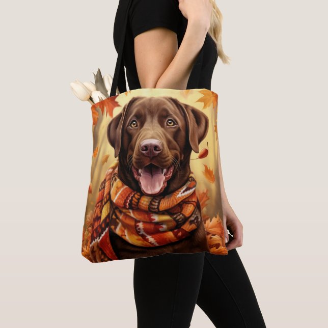 ORANGE FALL LEAVES CHOCOLATE LABRADOR RETRIEVER TOTE BAG (Close Up)