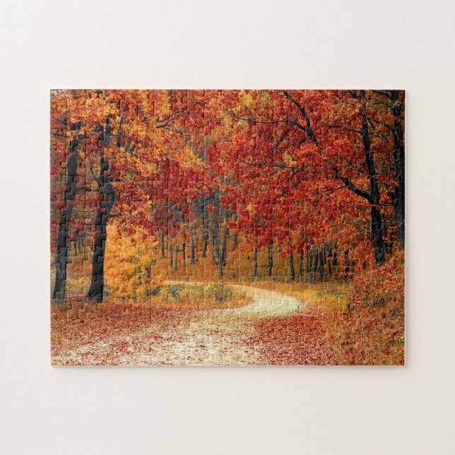 Orange Fall Leaves Country Dirt Road Photo Jigsaw Puzzle (Horizontal)