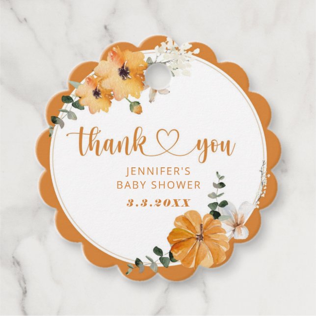 Orange fall pumpkin baby shower favour tag (Front)