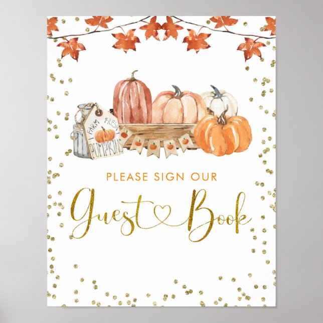 Orange Fall Pumpkin Patch Birthday Guest Book Sign (Front)