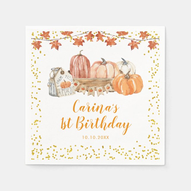 Orange Fall Pumpkin Patch Birthday Paper Napkin (Front)