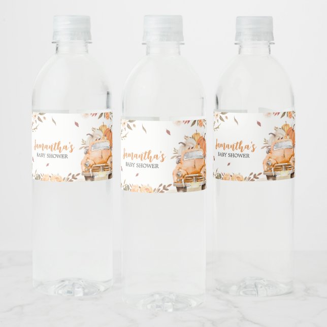 Orange Fall Pumpkin Truck Baby Shower Water Bottle Label (Bottles)