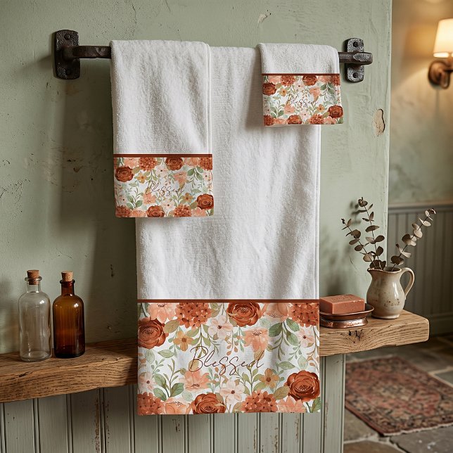 Orange fall watercolor floral  bath towel set (Creator Uploaded)