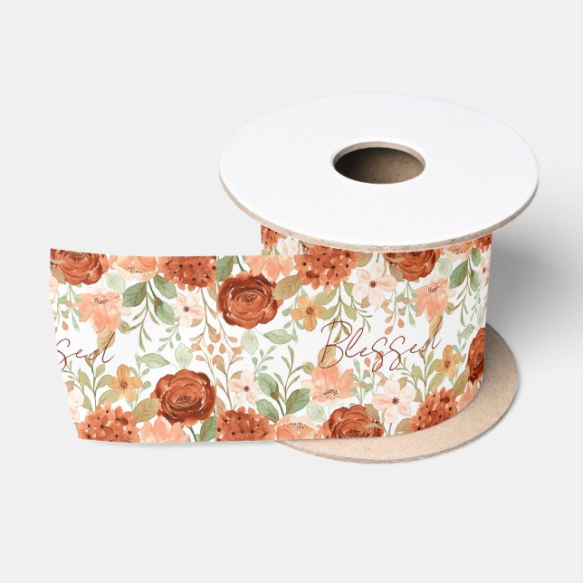 Orange fall watercolor floral  satin ribbon (Spool)
