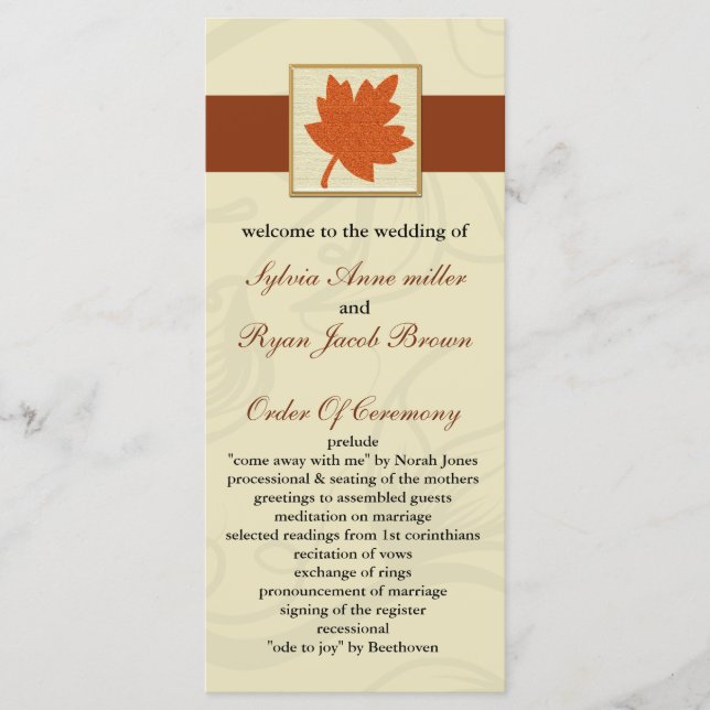 orange fall Wedding program (Front)