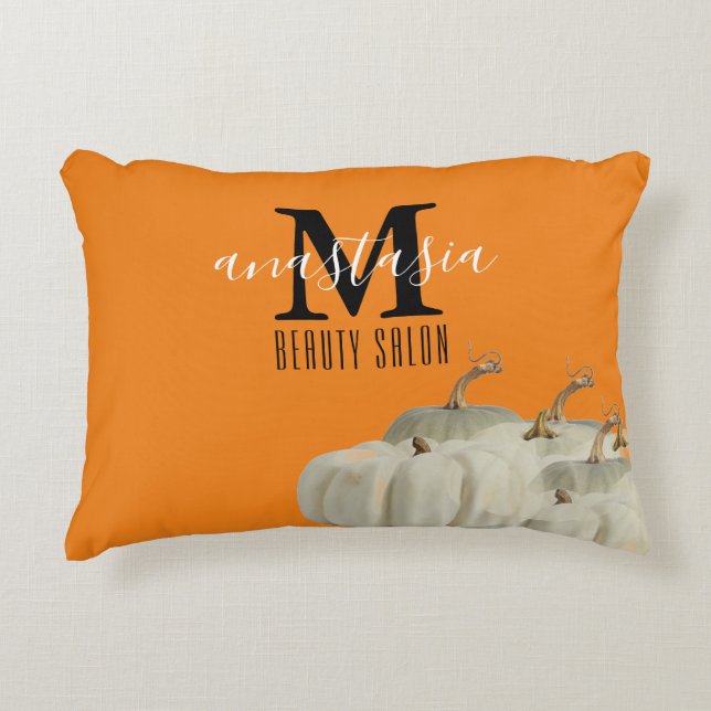 Orange Fall White Pumpkins Beauty Salon Monogram Accent Pillow (Front)