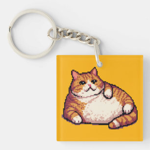Orange fat cat meme pixel art keychain