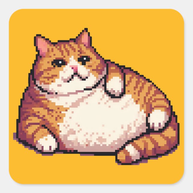 Orange fat cat meme pixel art square sticker (Front)