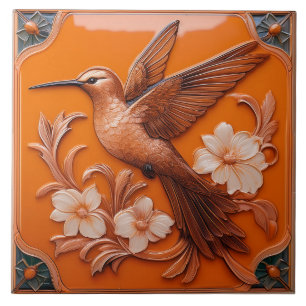 Orange faux relief Art Nouveau Hummingbird L Tile