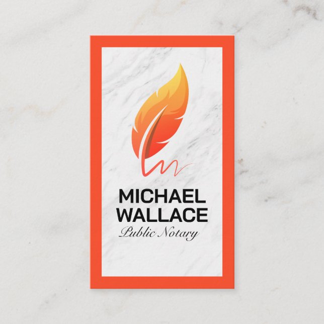 Orange Feather Pen Logo | White Marble Business Card (Front)