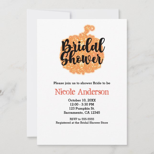 Orange Filigree Pumpkin Elegant Fall Bridal Shower Invitation (Front)