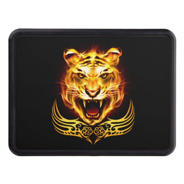 Orange Fire Flaming Tiger Cat Trailer Hitch Cover (Front)